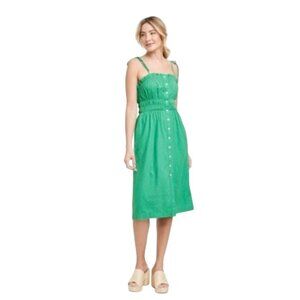Womens Green Smocked Midi Dress XS Adjustable Straps Linen Blend Summer Sundress